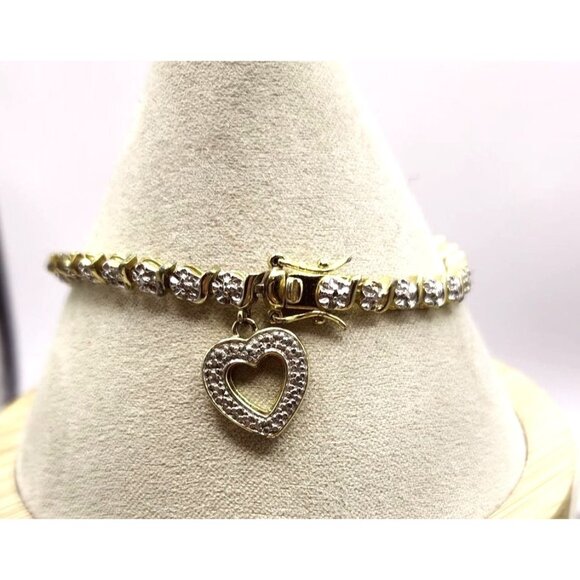 Gold Plated Sterling Silver CZ Tennis Bracelet With Dangle Heart Charm - Picture 4 of 6